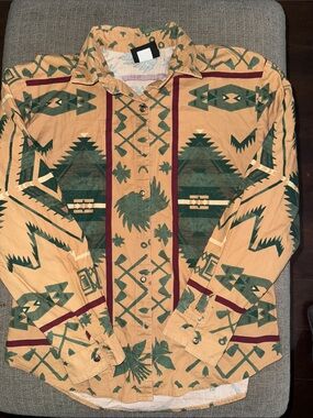 Vintage Circle T Patterned Button-Up Shirt in Mustard, Teal & Cream